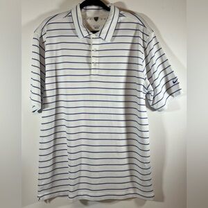 Nike Dri-Fit Men’s L White/Blue Stripe Short Sleeve Golf Polo Sleeve Logo